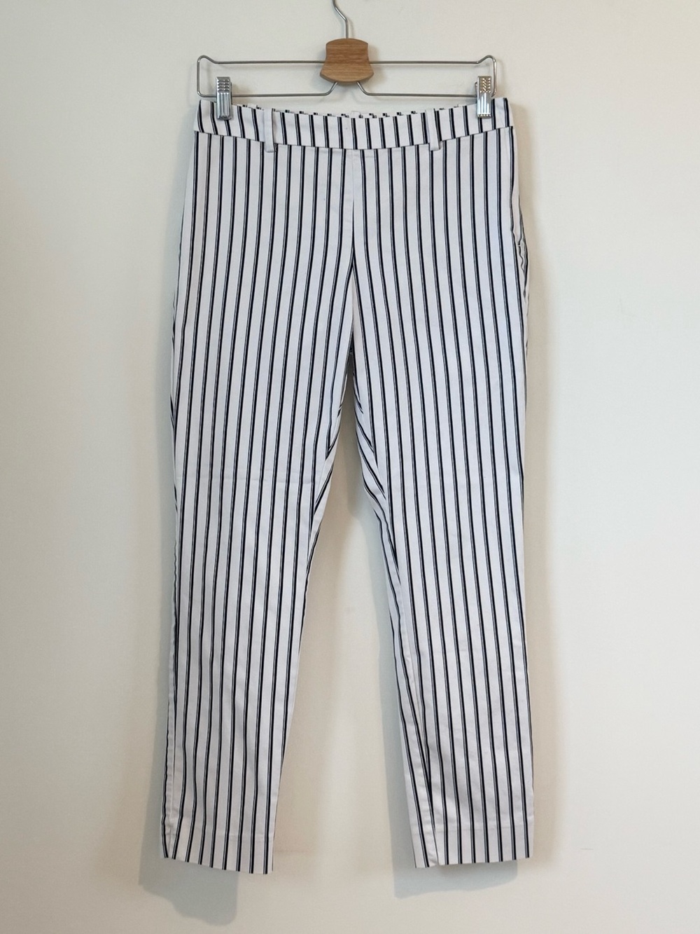 H&M White Tailored Ankle Pants with Black Vertical Stripes